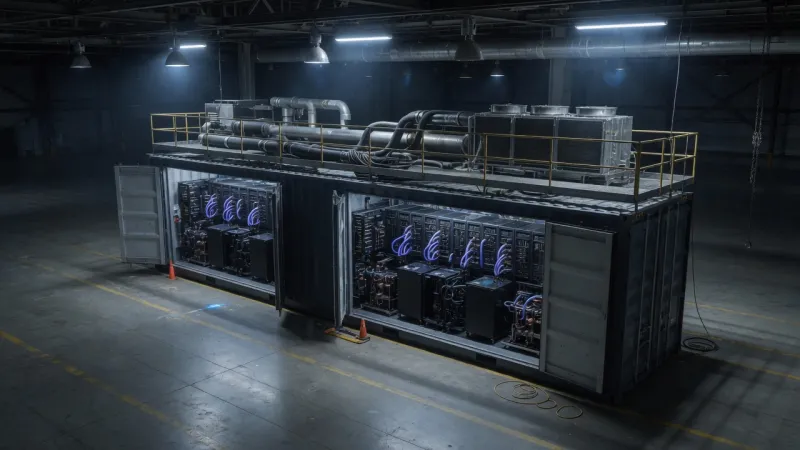 Modular AI data center envelope open for factory commissioning