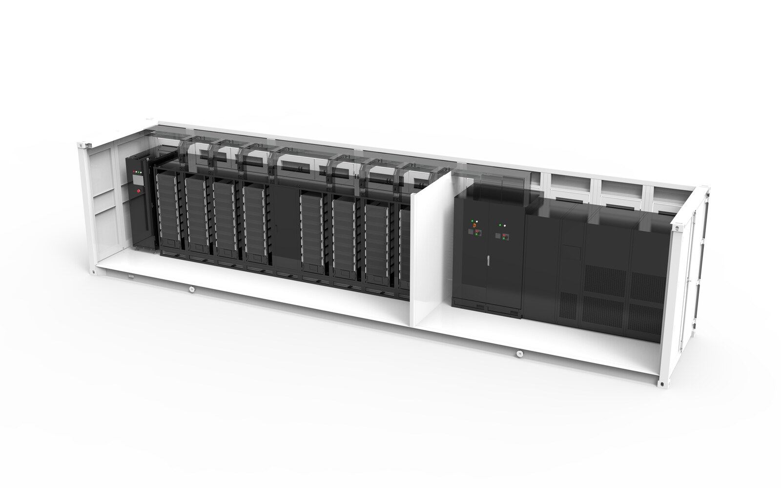Cutaway view of the DC45 container: 8 liquid-cooled racks, one air-cooled rack, CDU and warm-water piping to the outdoor side